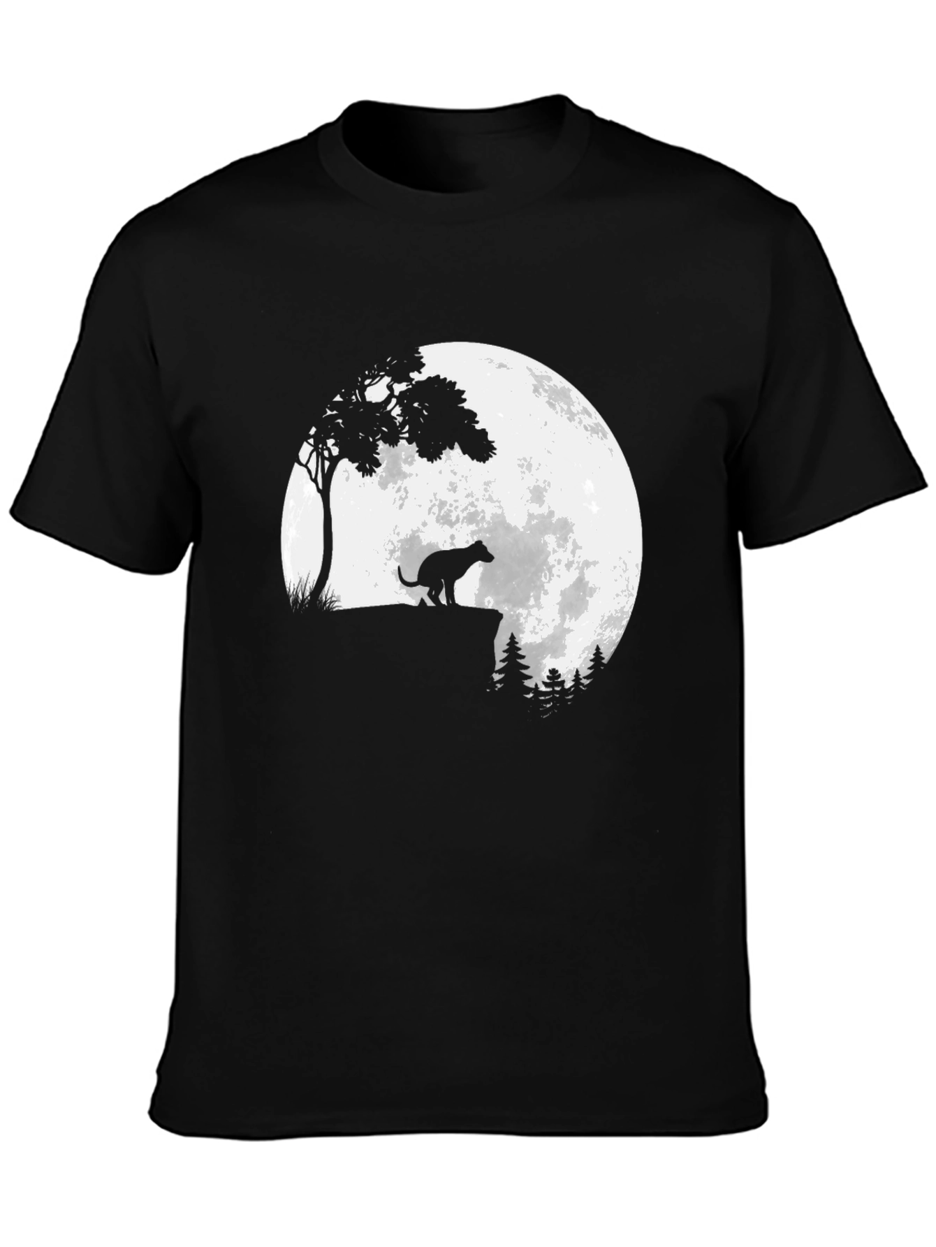Camiseta Negra Estampada: Perro aullando a la Luna