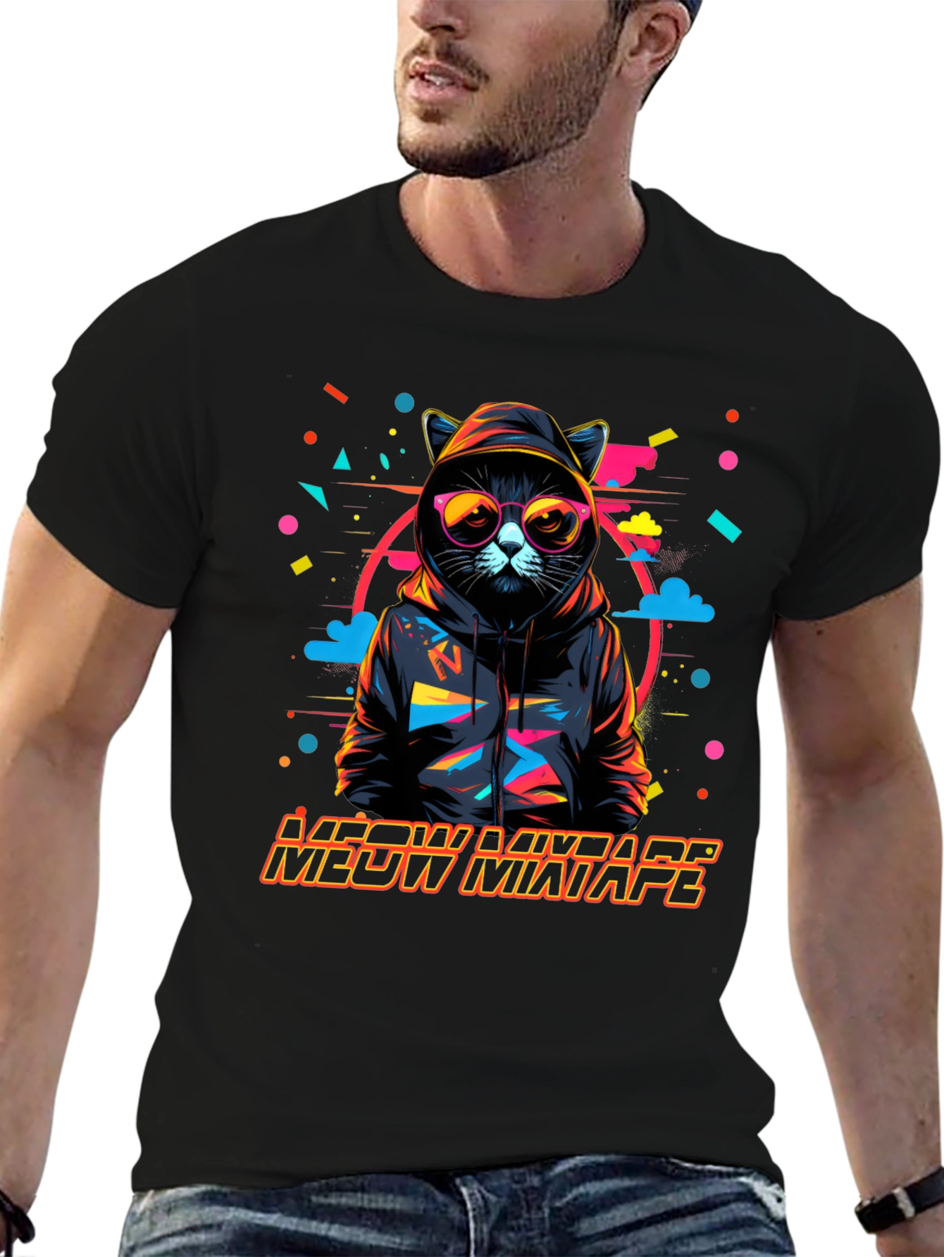 Camiseta Negra con Diseño de Gato DJ Meow Mixtape