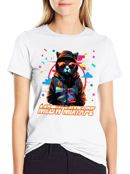 Camiseta Negra con Diseño de Gato DJ Meow Mixtape