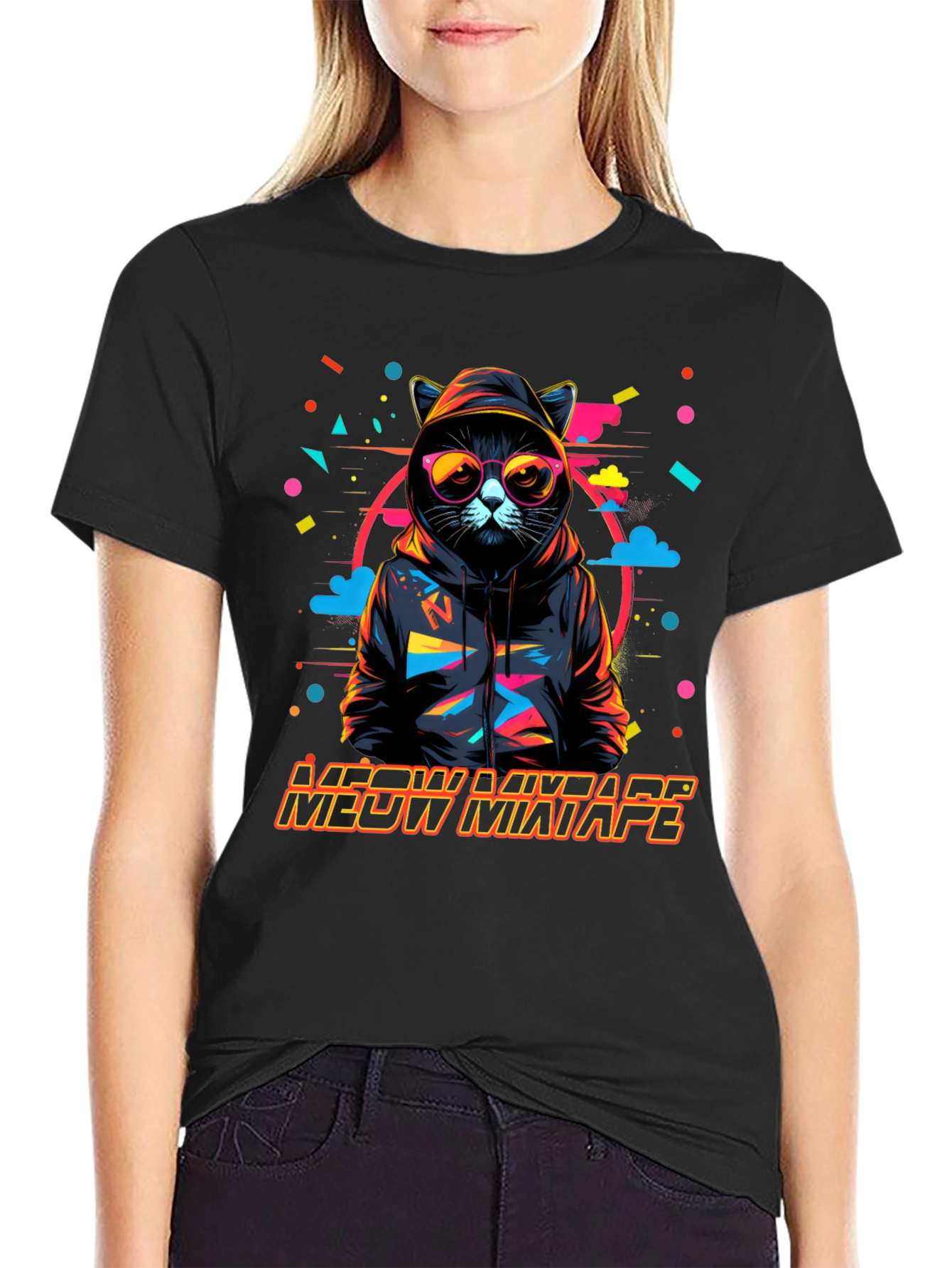 Camiseta Negra con Diseño de Gato DJ Meow Mixtape