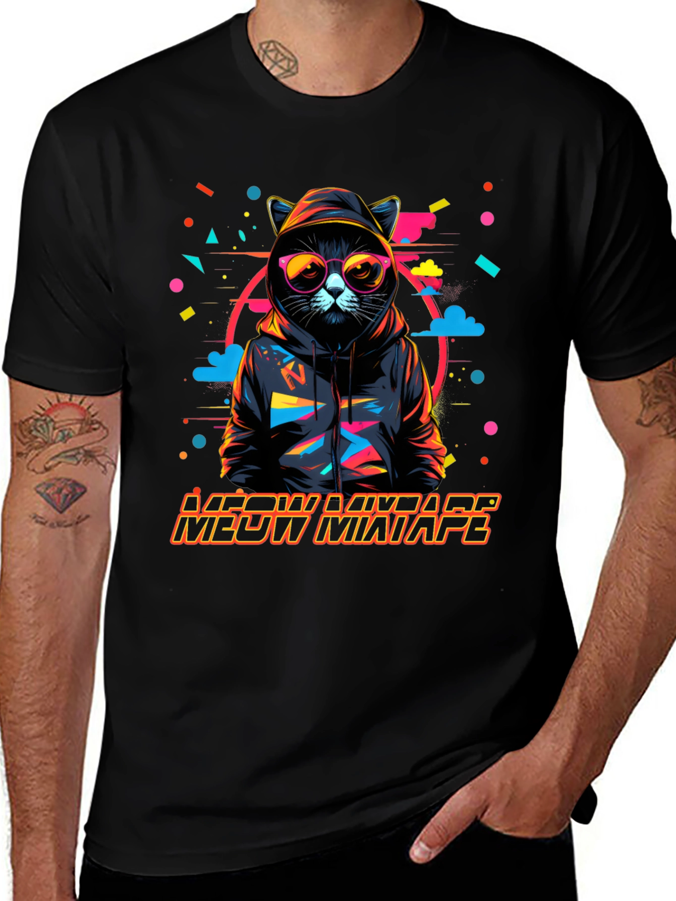 Camiseta Negra con Diseño de Gato DJ Meow Mixtape