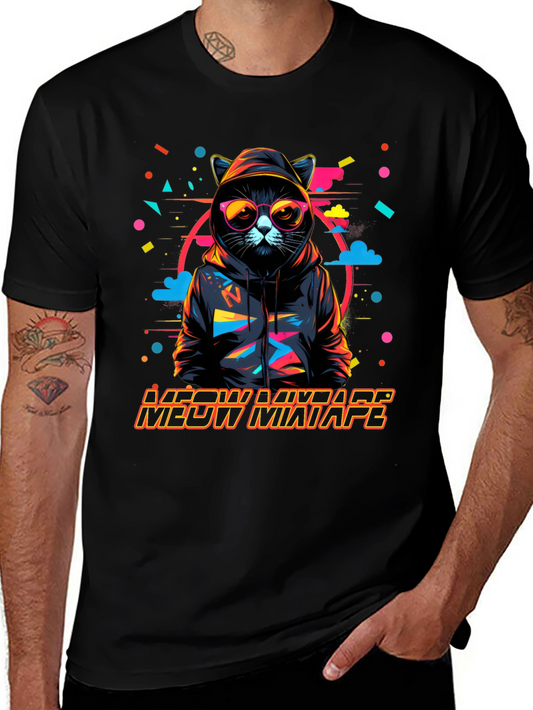 Camiseta Negra con Diseño de Gato DJ Meow Mixtape