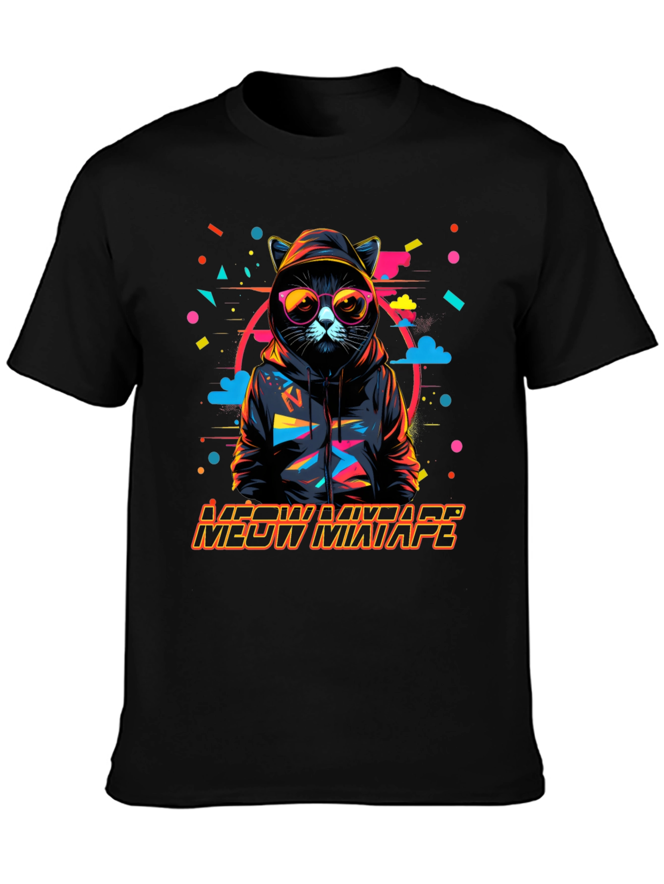 Camiseta Negra con Diseño de Gato DJ Meow Mixtape