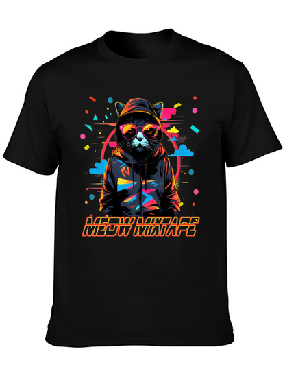 Camiseta Negra con Diseño de Gato DJ Meow Mixtape