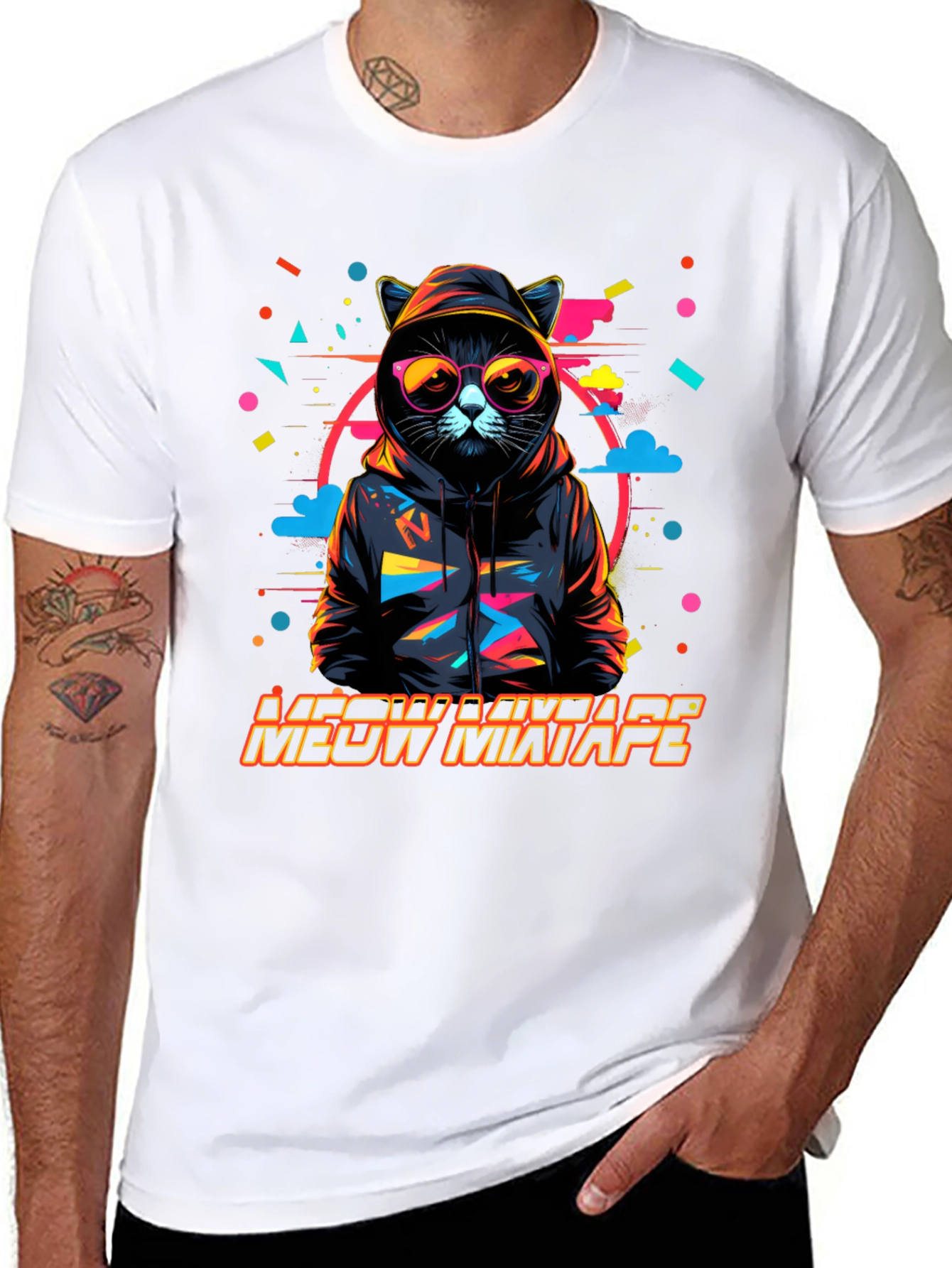 Camiseta Negra con Diseño de Gato DJ Meow Mixtape