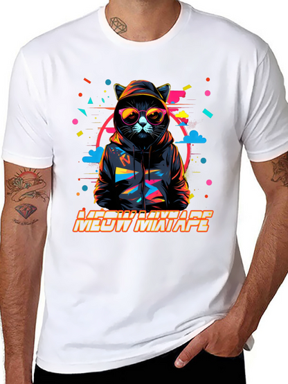 Camiseta Negra con Diseño de Gato DJ Meow Mixtape