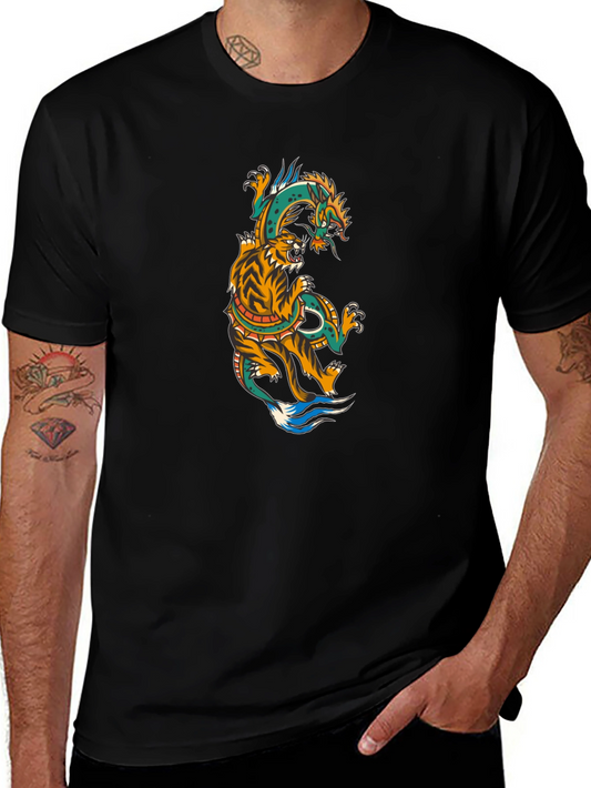 Camiseta Negra con Diseño de Tigre y Dragón
