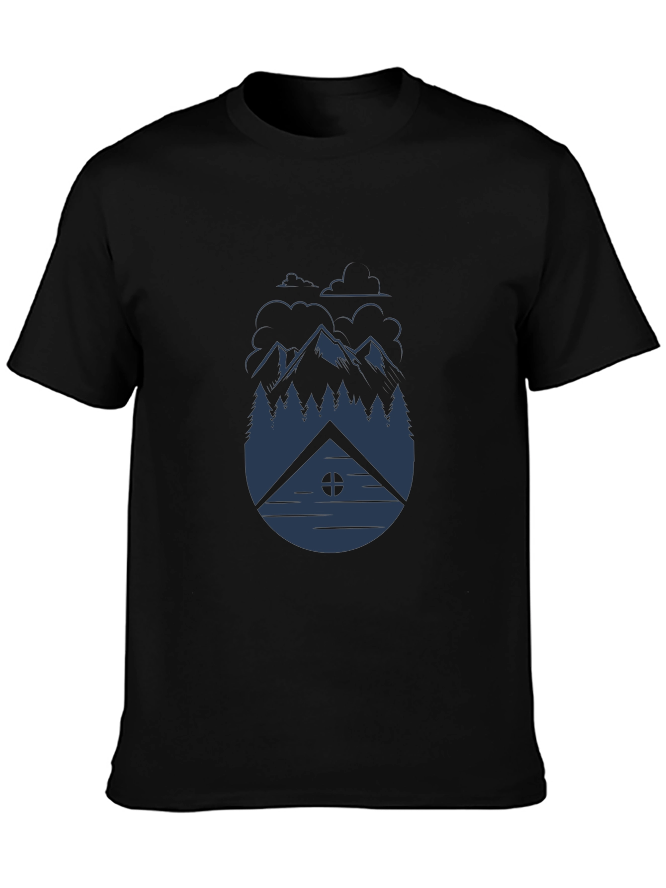 Camiseta Negra Hombre - Diseño Montaña y Cabaña