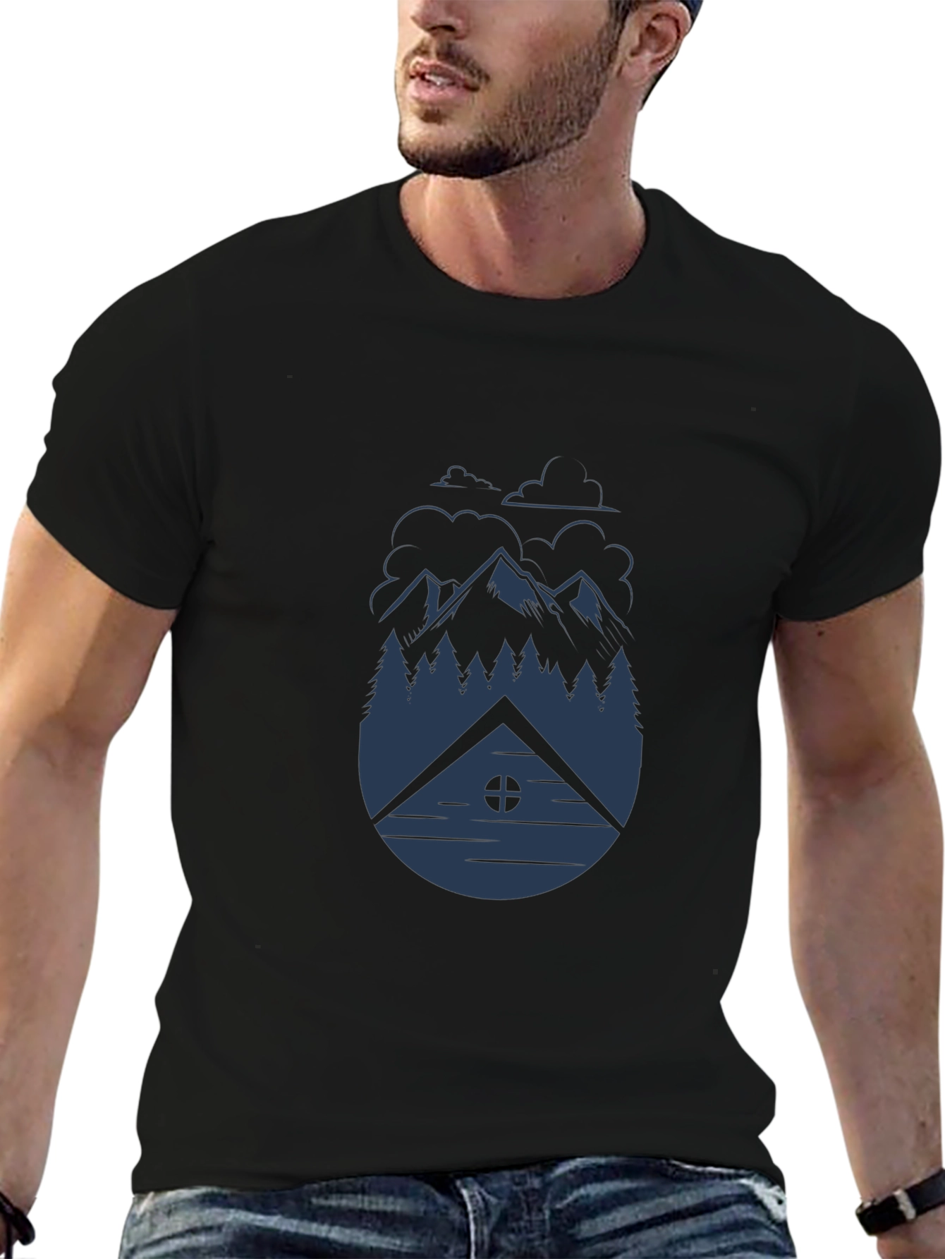 Camiseta Negra Hombre - Diseño Montaña y Cabaña