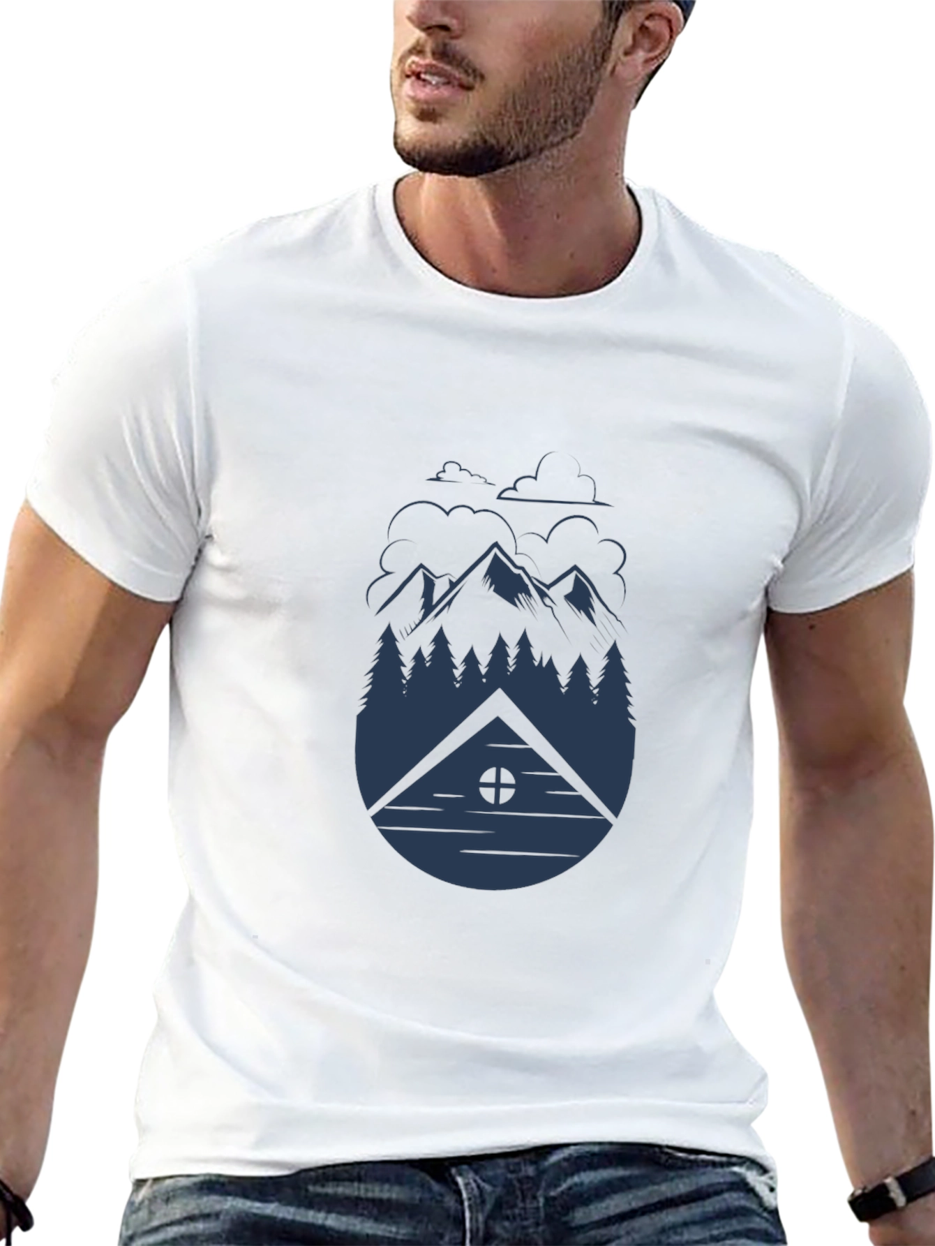 Camiseta Negra Hombre - Diseño Montaña y Cabaña