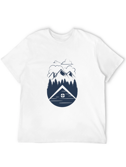 Camiseta Negra Hombre - Diseño Montaña y Cabaña