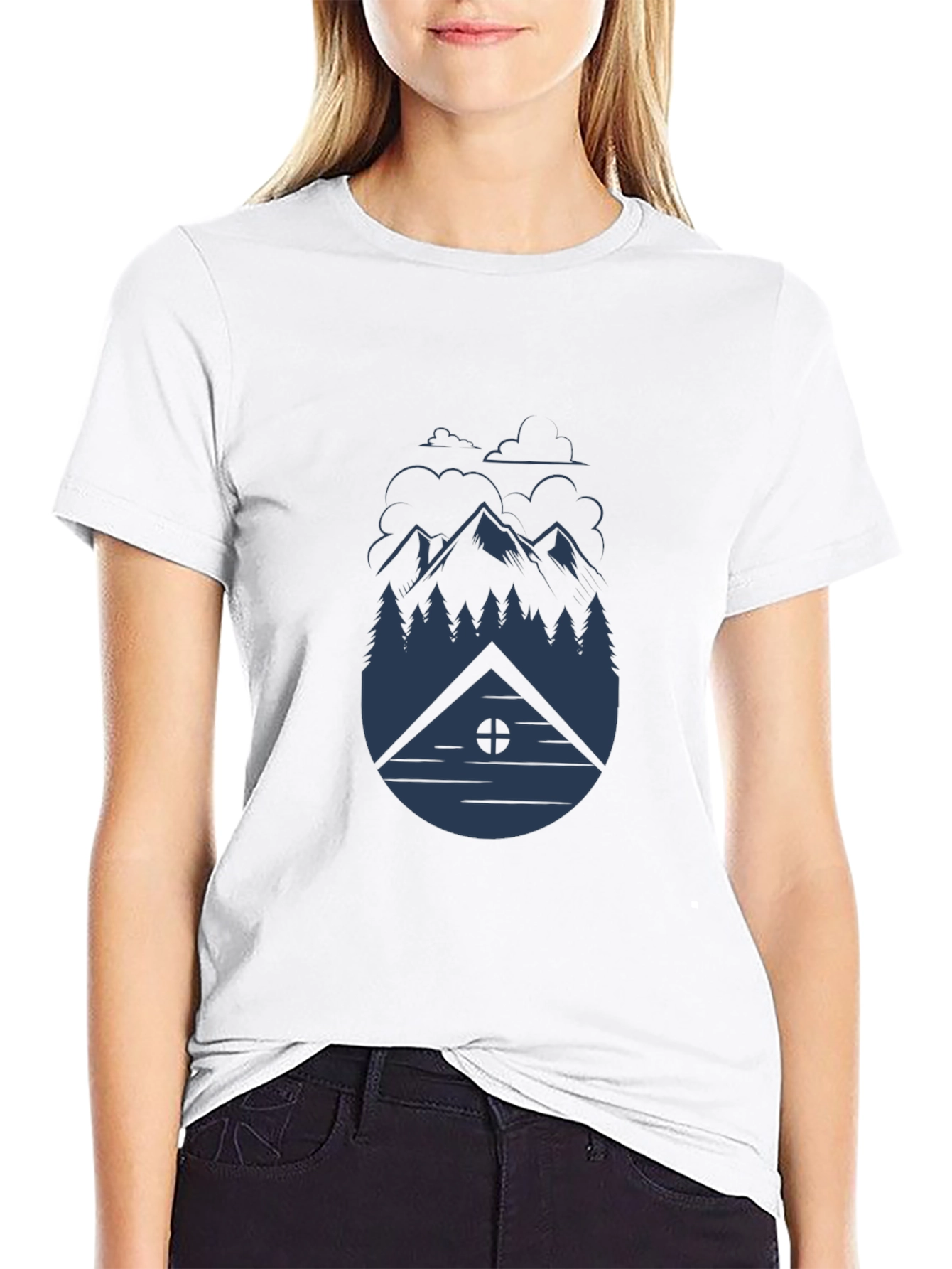 Camiseta Negra Hombre - Diseño Montaña y Cabaña