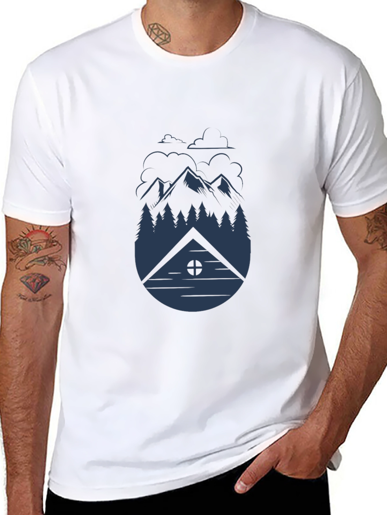 Camiseta Negra Hombre - Diseño Montaña y Cabaña