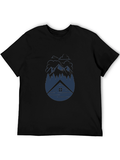 Camiseta Negra Hombre - Diseño Montaña y Cabaña