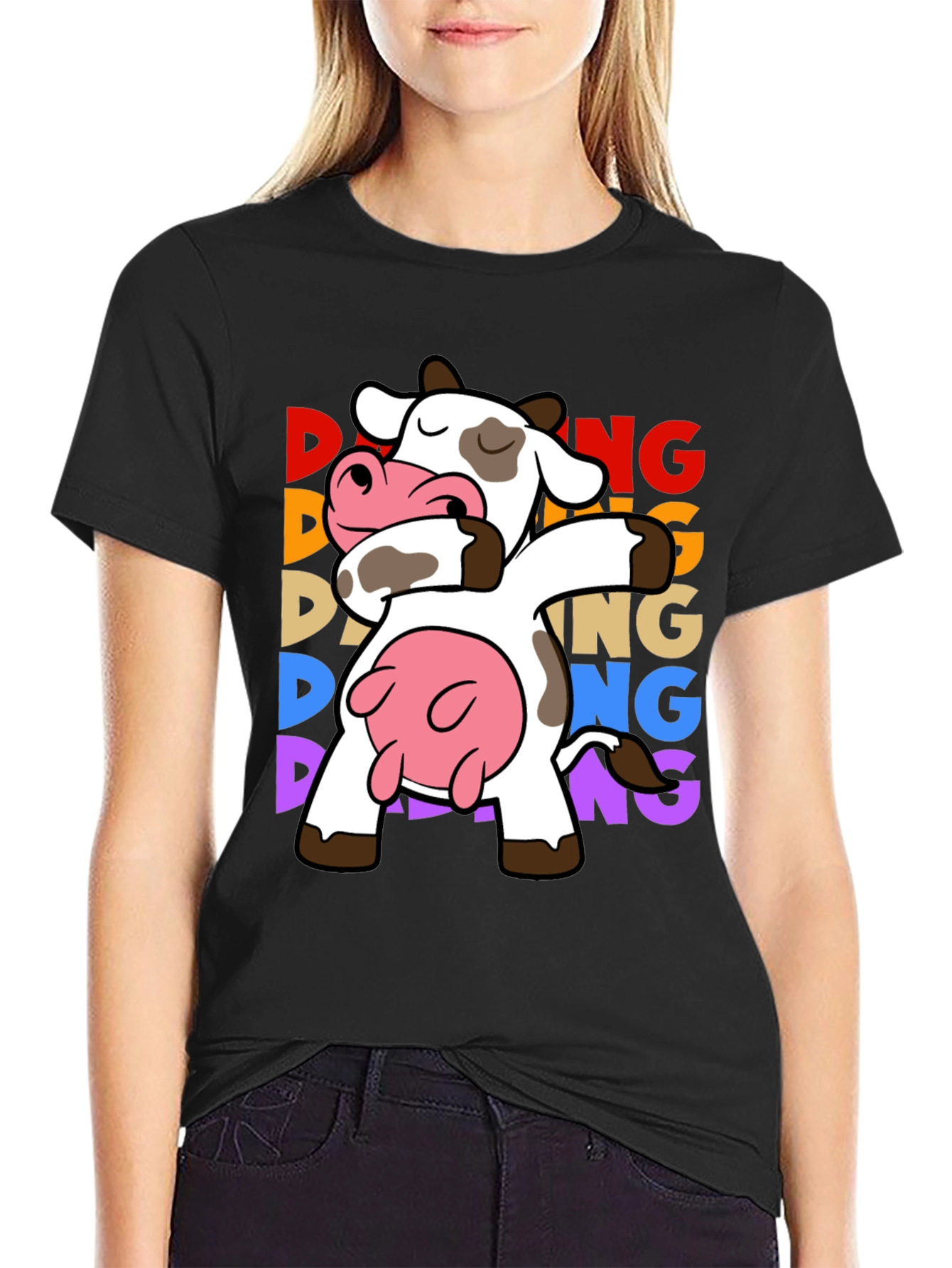 Camiseta Negra con Diseño de Vaca Dabbing