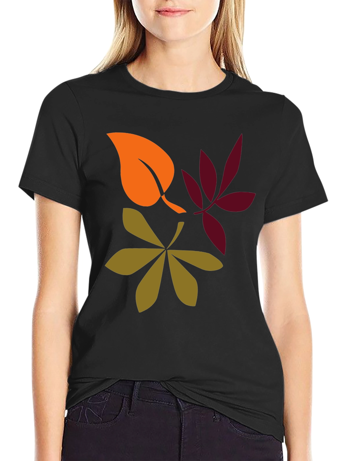 Camiseta Negra con Diseño de Hojas Otoñales