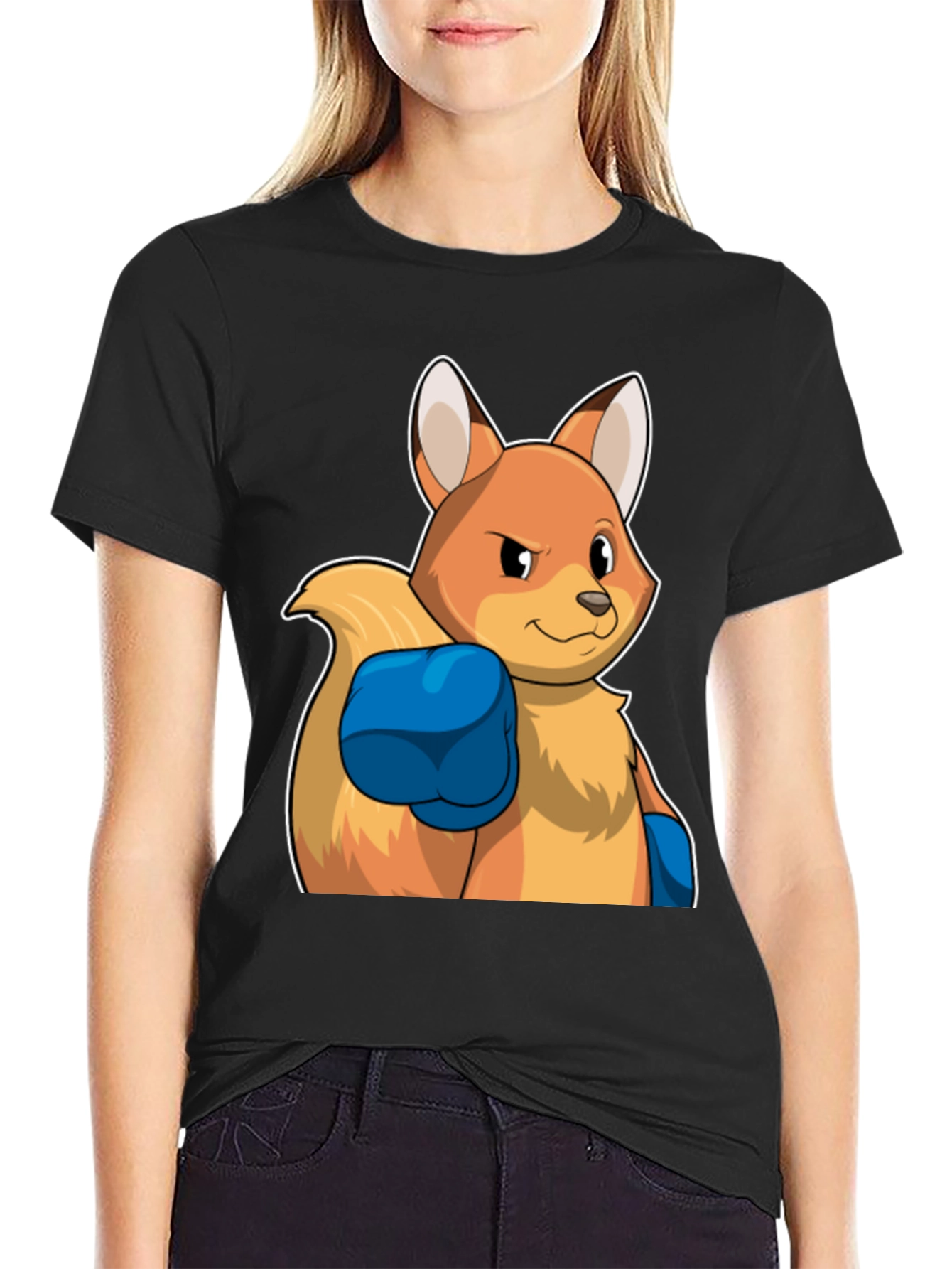 Camiseta Negra con Diseño de Zorro Boxeador