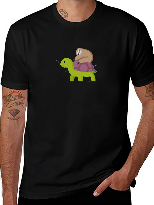 Camiseta Negra con Dibujo de Tortuga y Perezoso