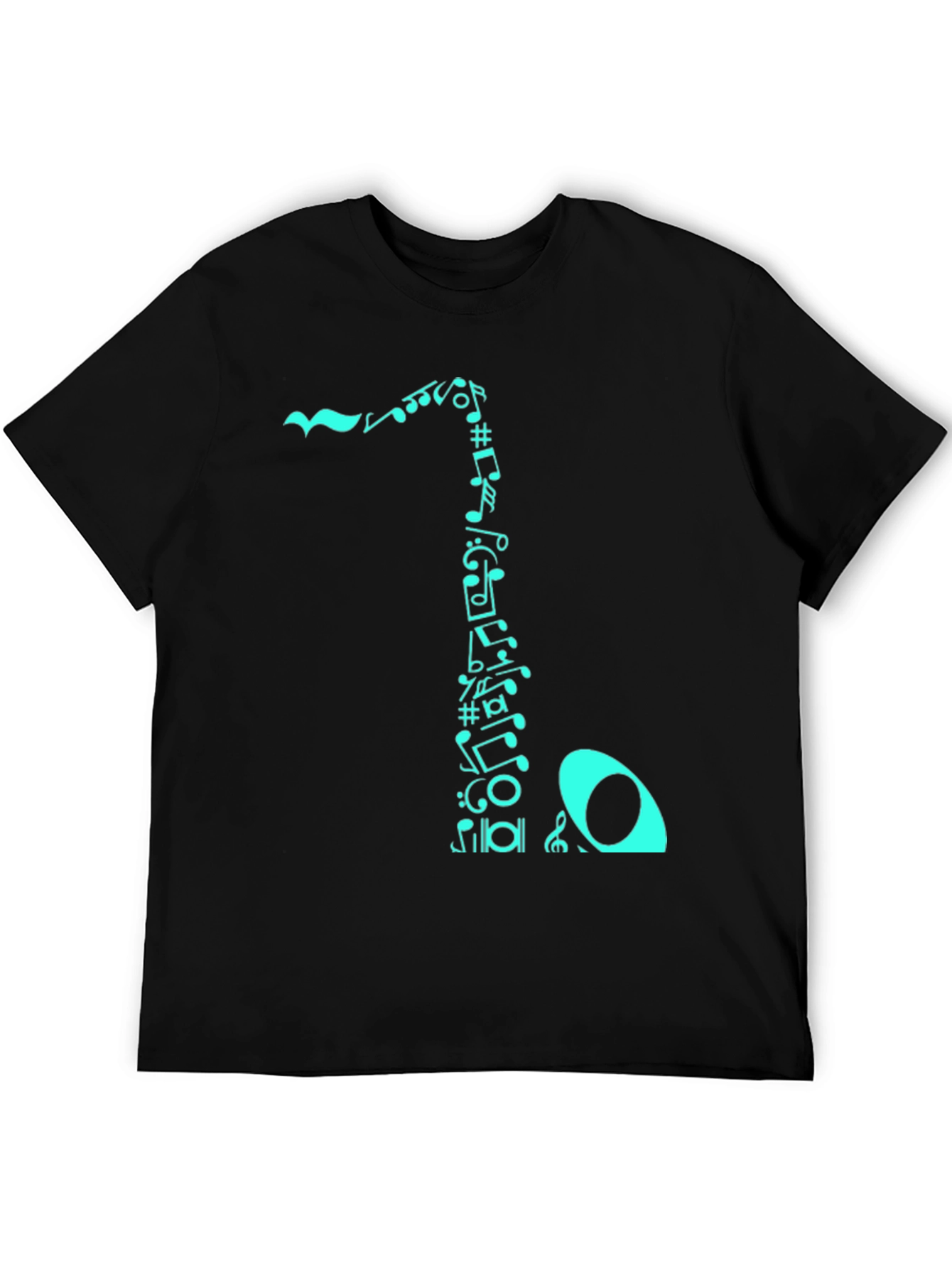 Camiseta Negra con Diseño de Notas Musicales Turquesa