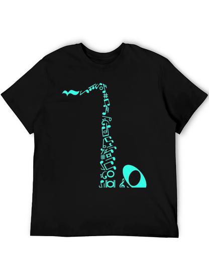 Camiseta Negra con Diseño de Notas Musicales Turquesa