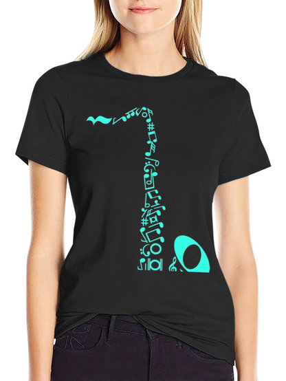 Camiseta Negra con Diseño de Notas Musicales Turquesa