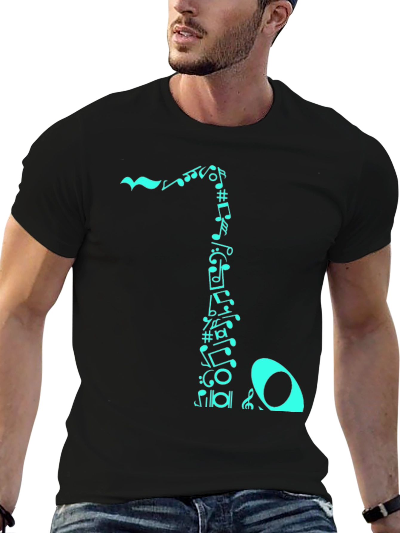 Camiseta Negra con Diseño de Notas Musicales Turquesa