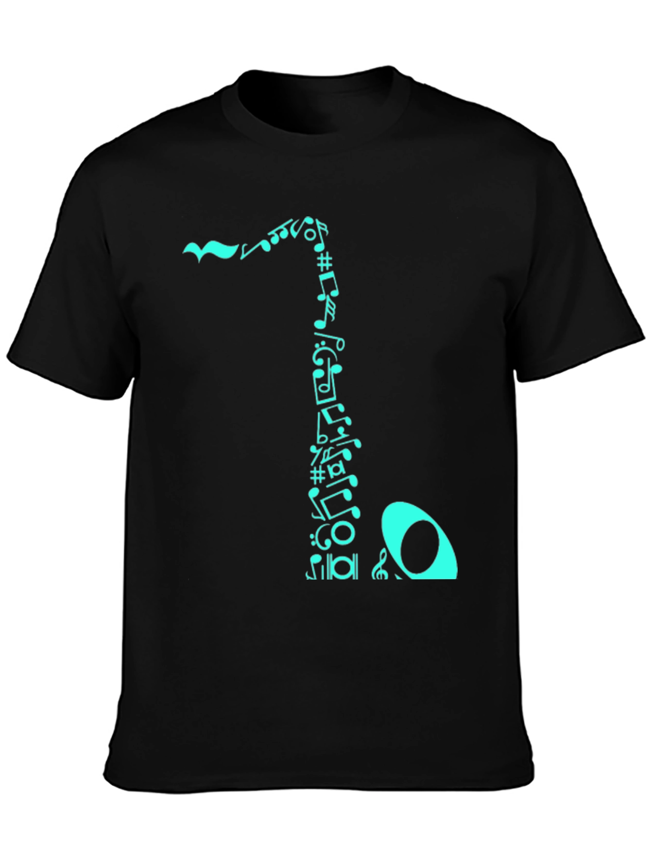Camiseta Negra con Diseño de Notas Musicales Turquesa