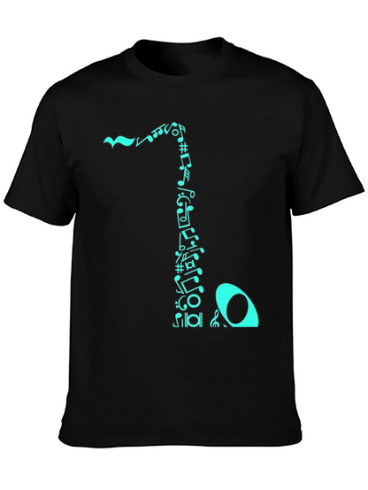Camiseta Negra con Diseño de Notas Musicales Turquesa