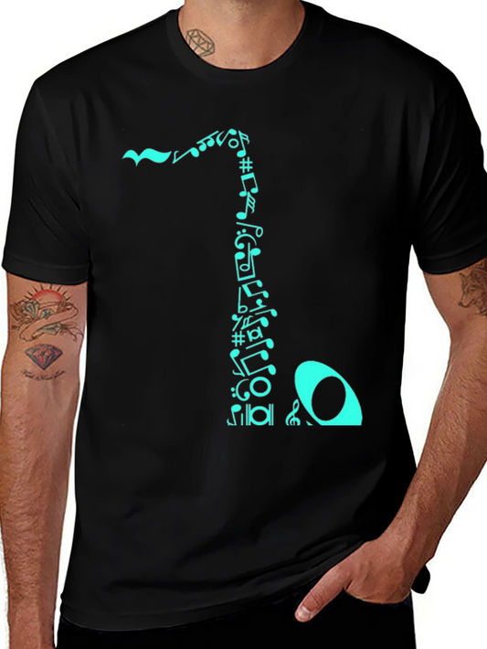 Camiseta Negra con Diseño de Notas Musicales Turquesa