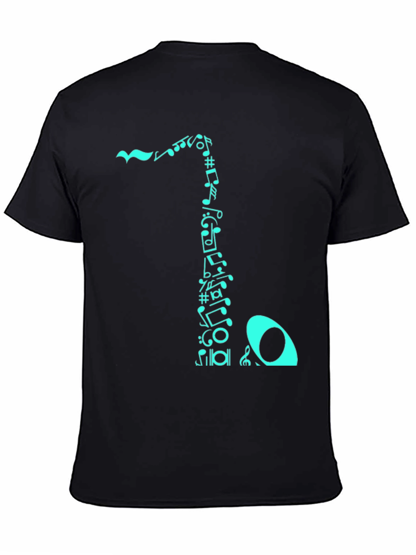 Camiseta Negra con Diseño de Notas Musicales Turquesa