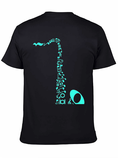 Camiseta Negra con Diseño de Notas Musicales Turquesa