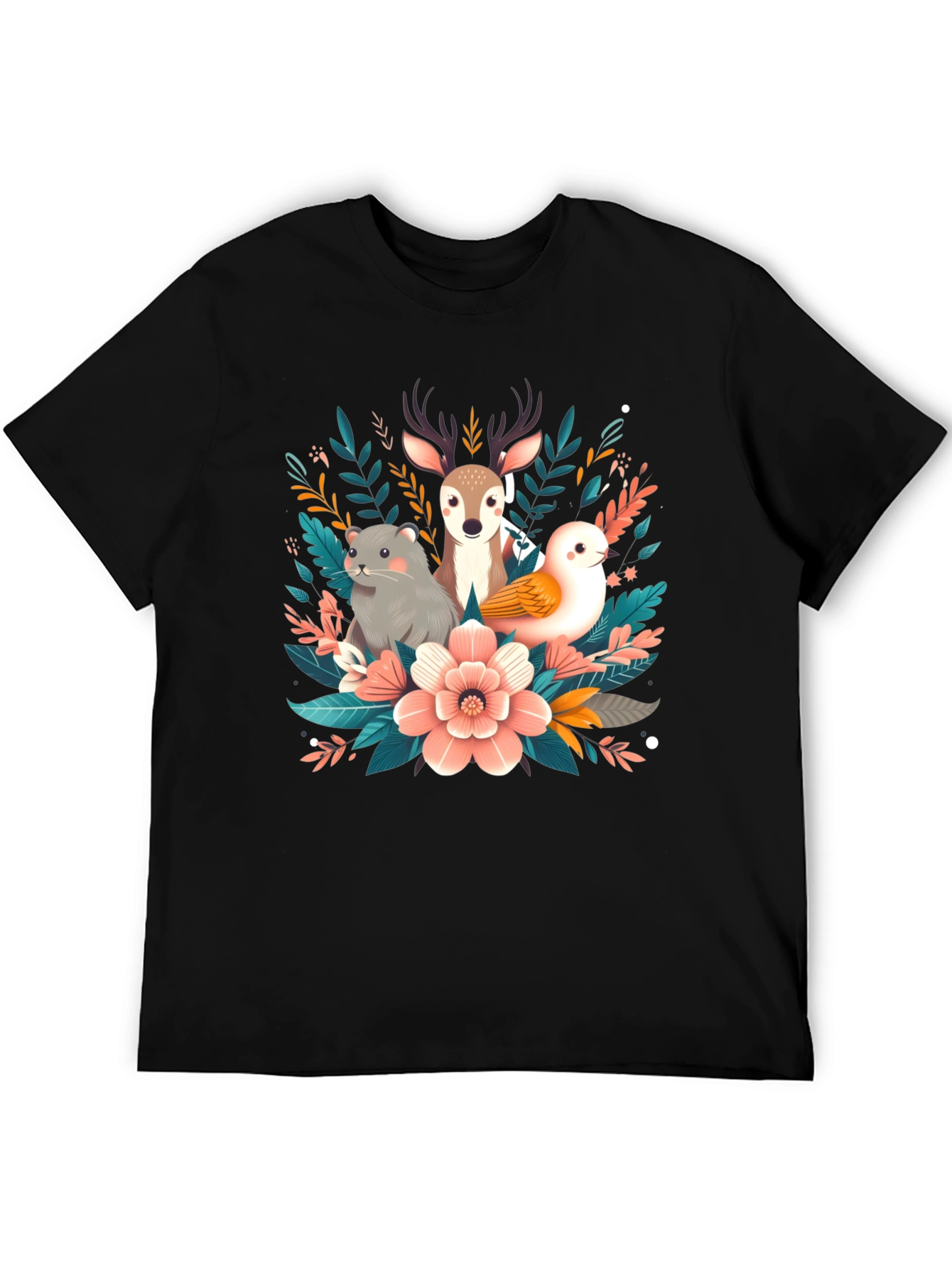 Camiseta negra con diseño floral de animales