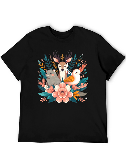 Camiseta negra con diseño floral de animales