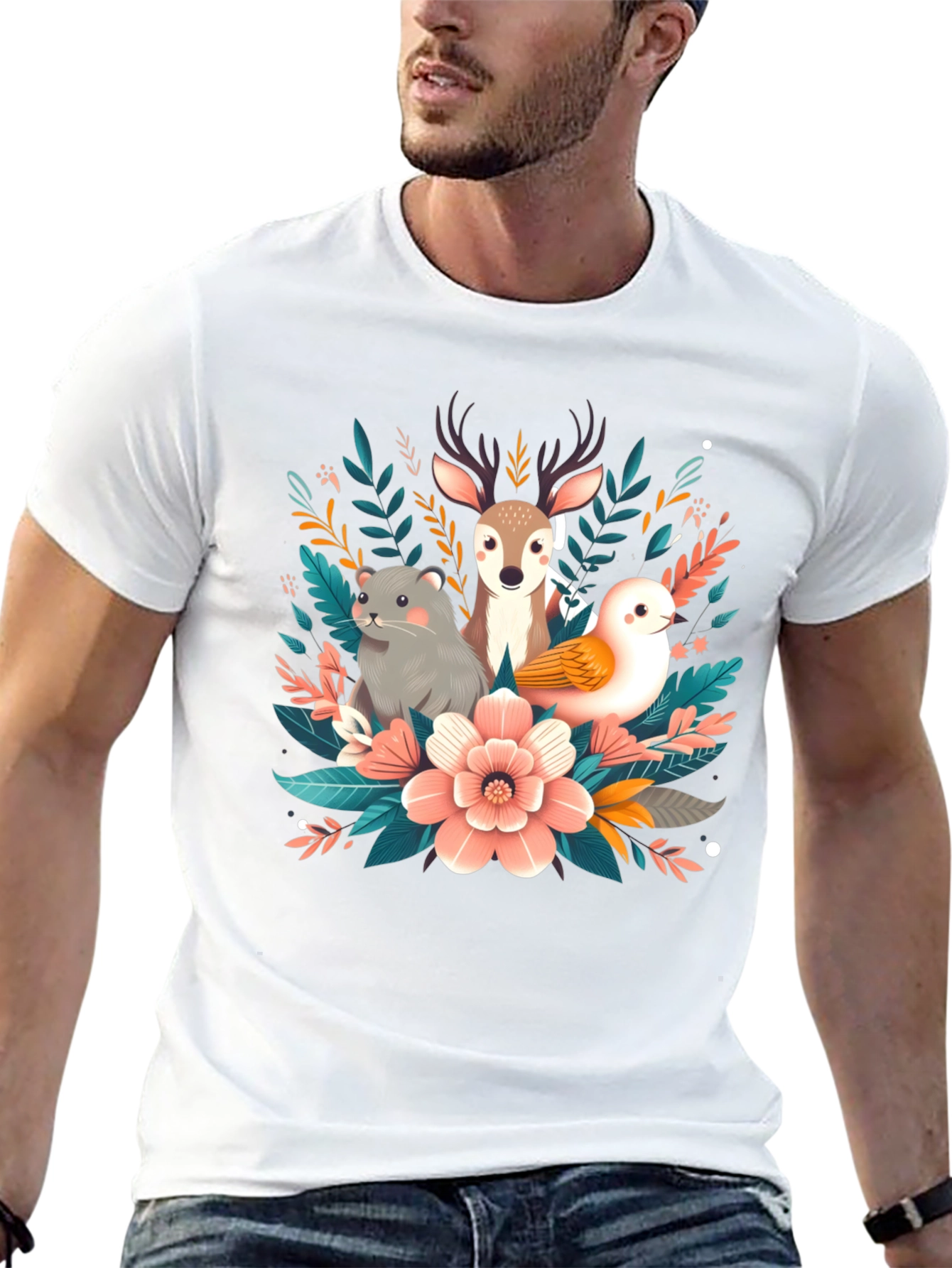 Camiseta negra con diseño floral de animales