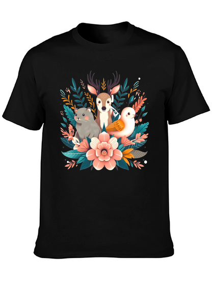 Camiseta negra con diseño floral de animales
