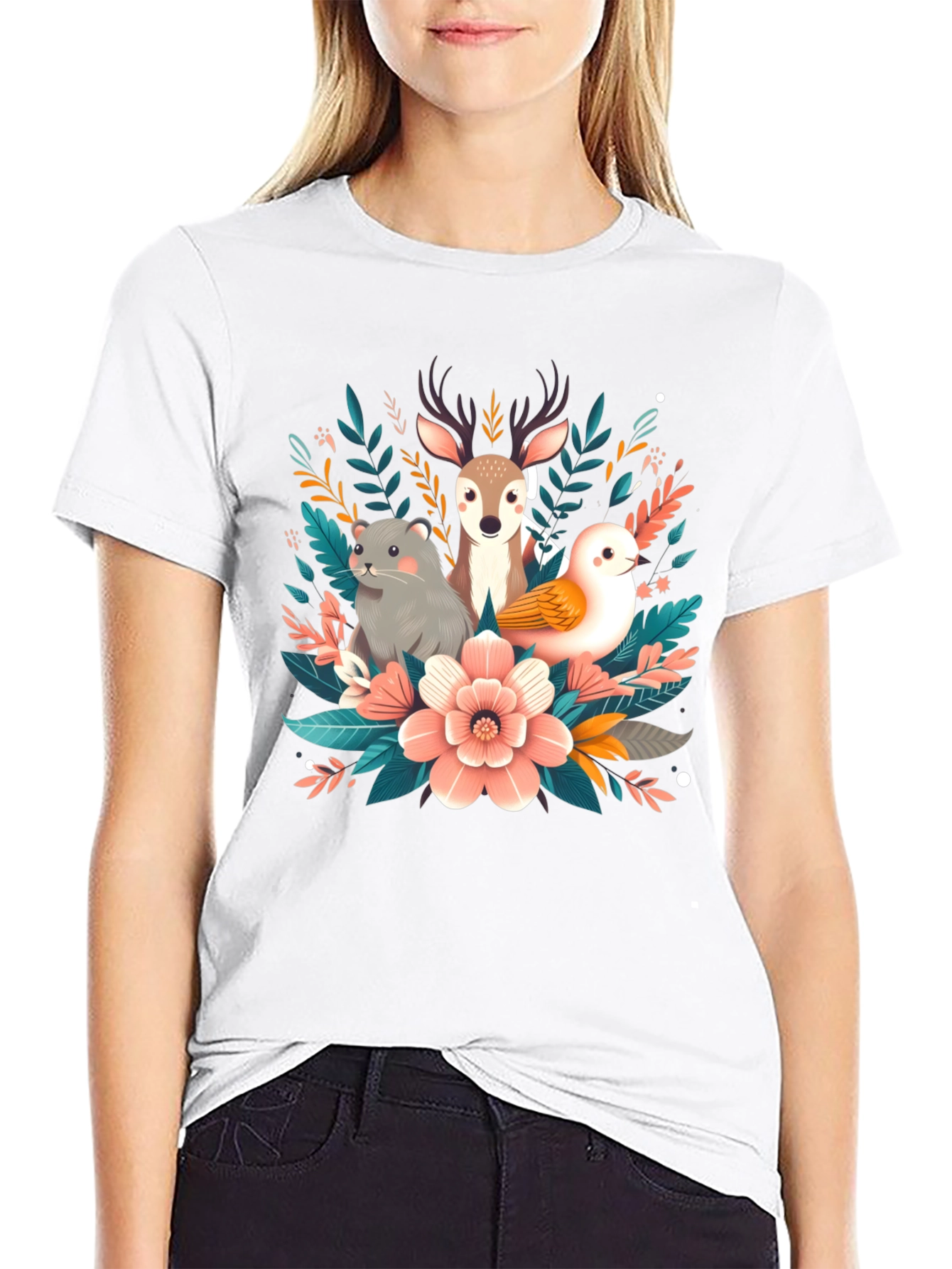 Camiseta negra con diseño floral de animales