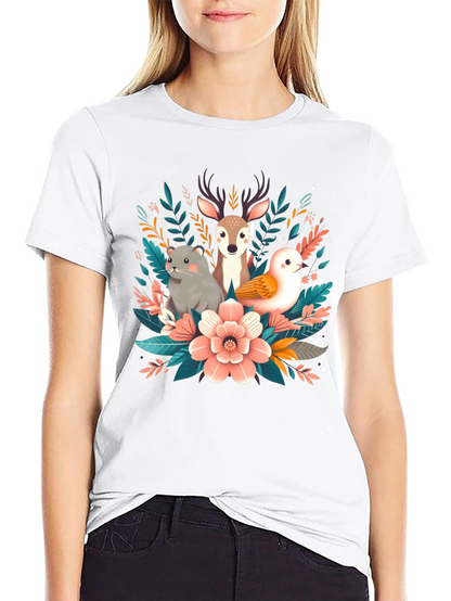 Camiseta negra con diseño floral de animales