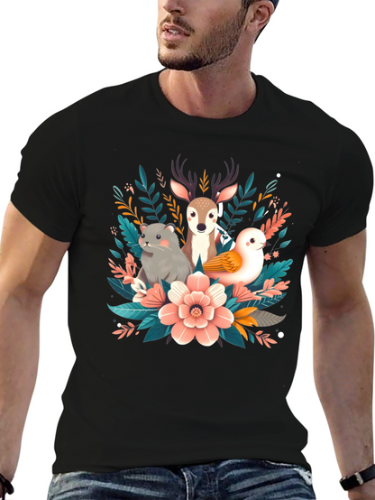 Camiseta negra con diseño floral de animales