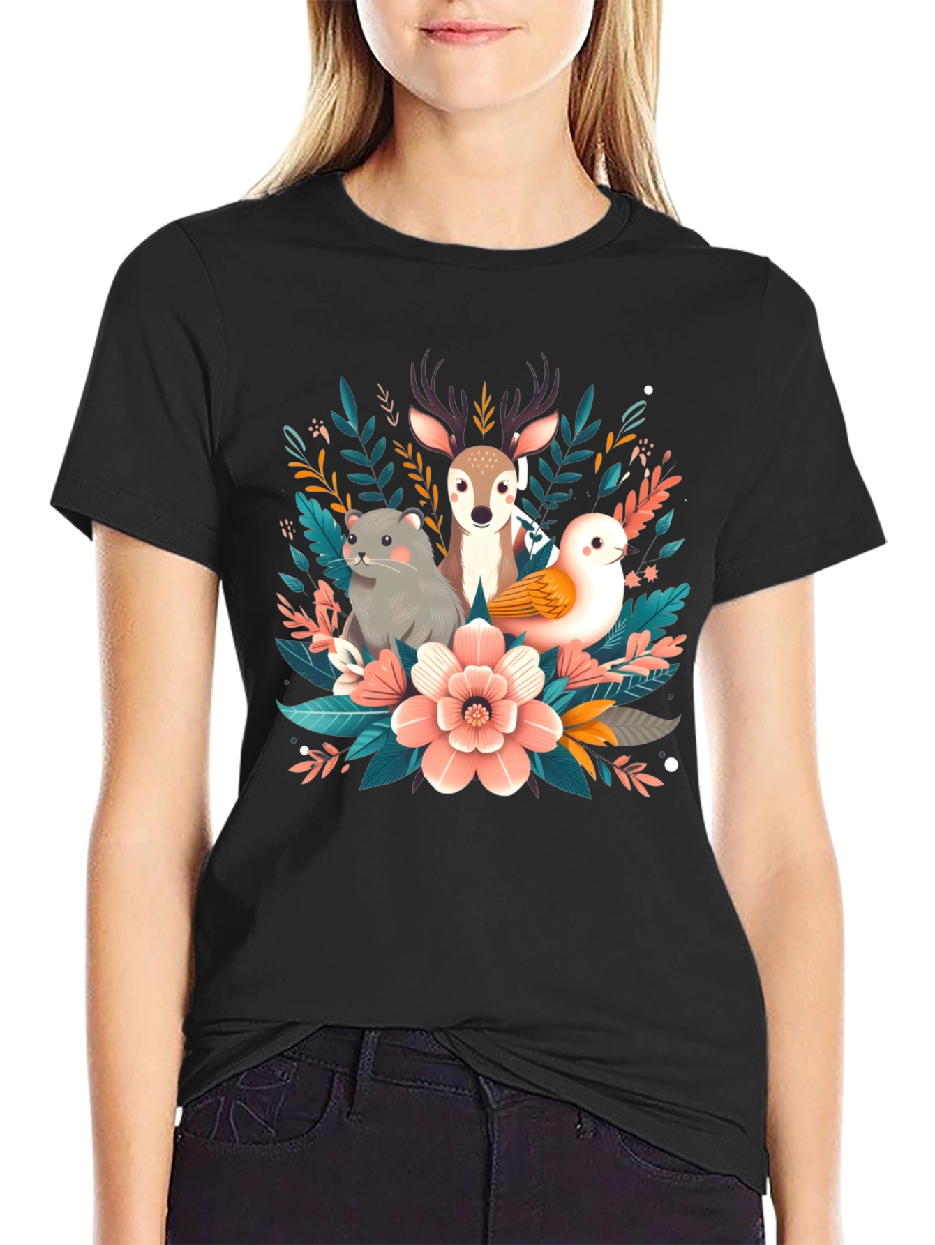Camiseta negra con diseño floral de animales