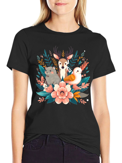 Camiseta negra con diseño floral de animales
