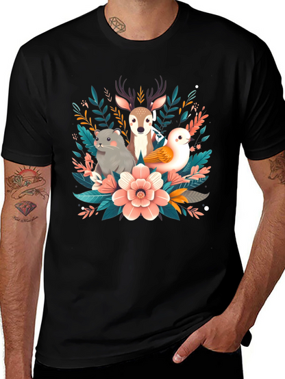Camiseta negra con diseño floral de animales
