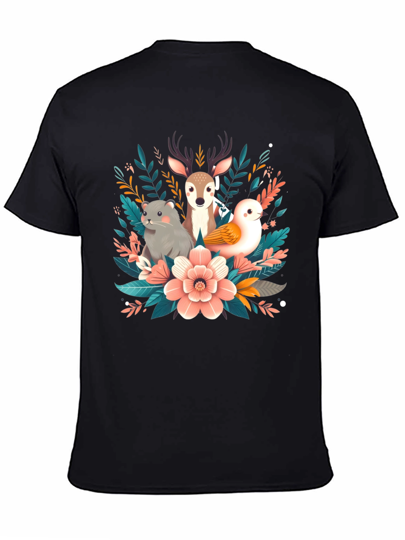 Camiseta negra con diseño floral de animales