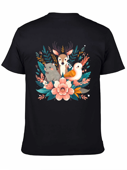 Camiseta negra con diseño floral de animales