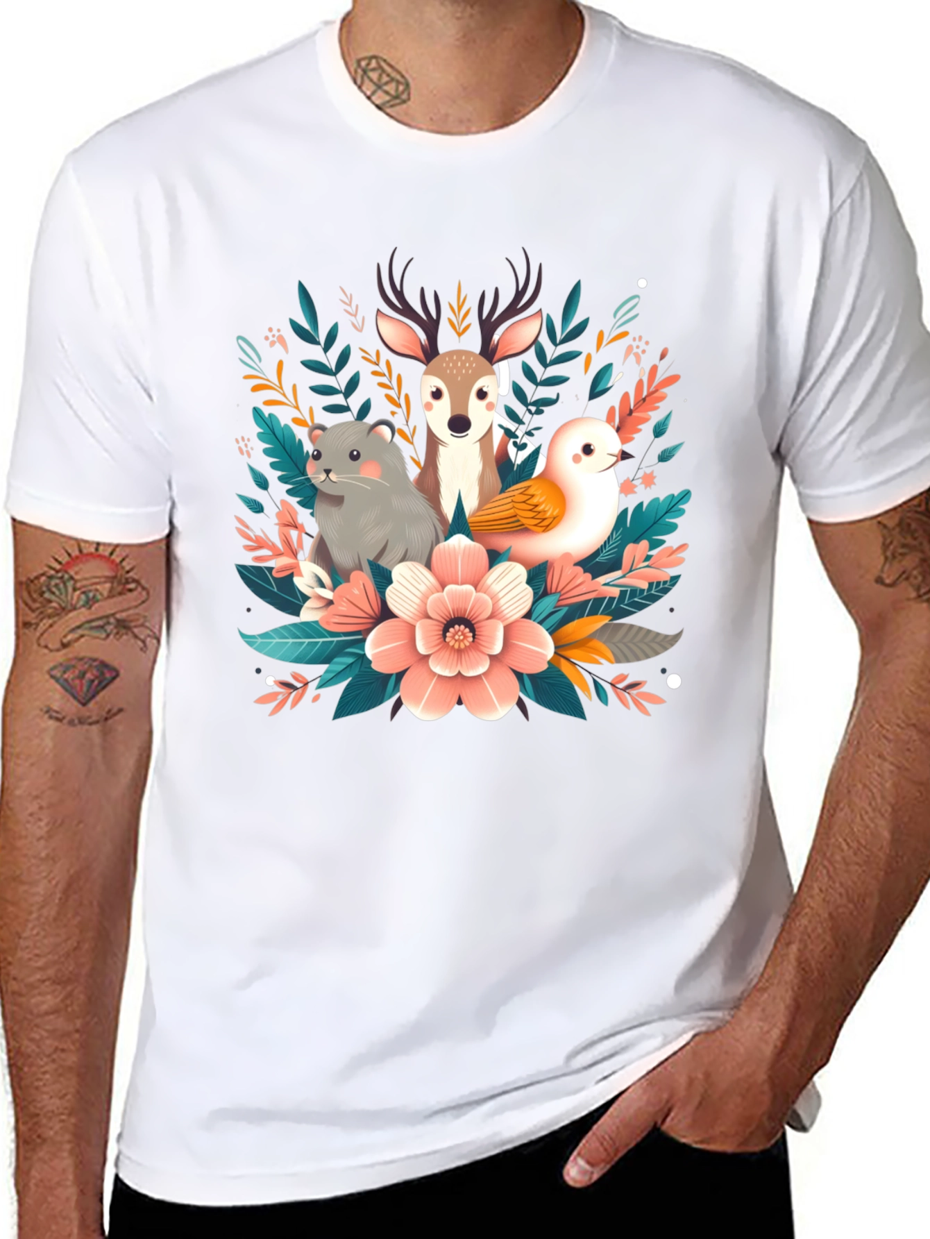 Camiseta negra con diseño floral de animales
