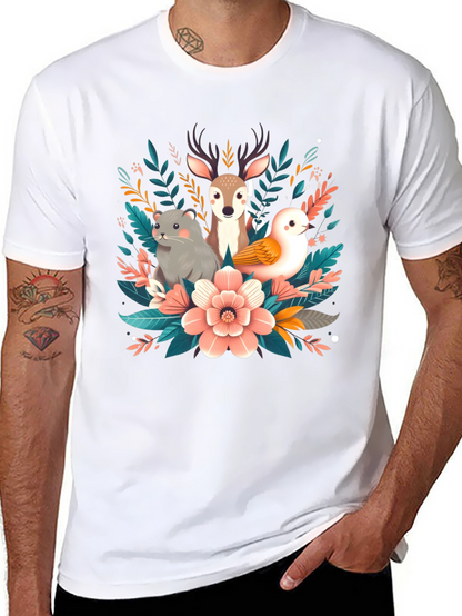 Camiseta negra con diseño floral de animales