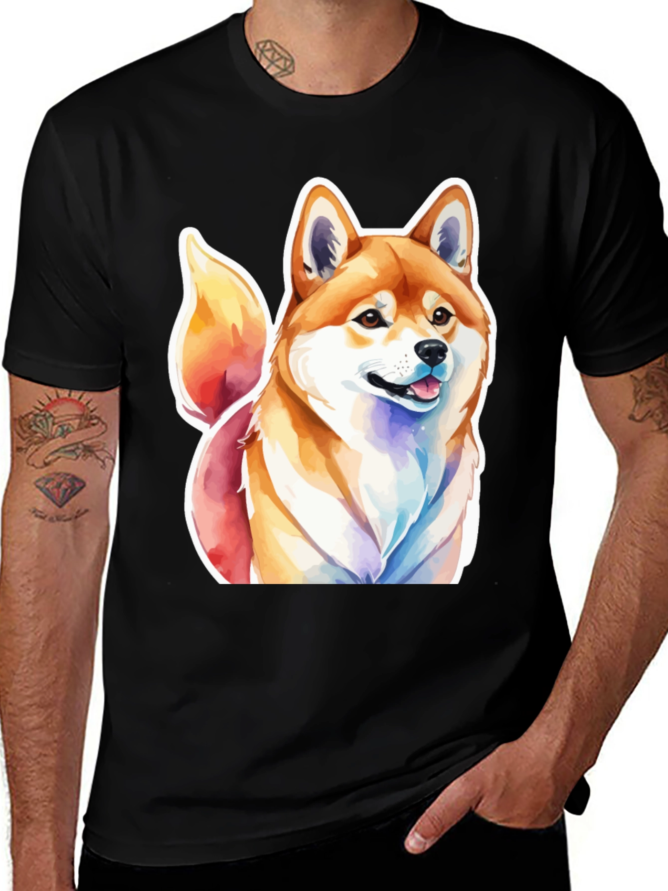 Camiseta Negra con Diseño Shiba Inu Acuarela