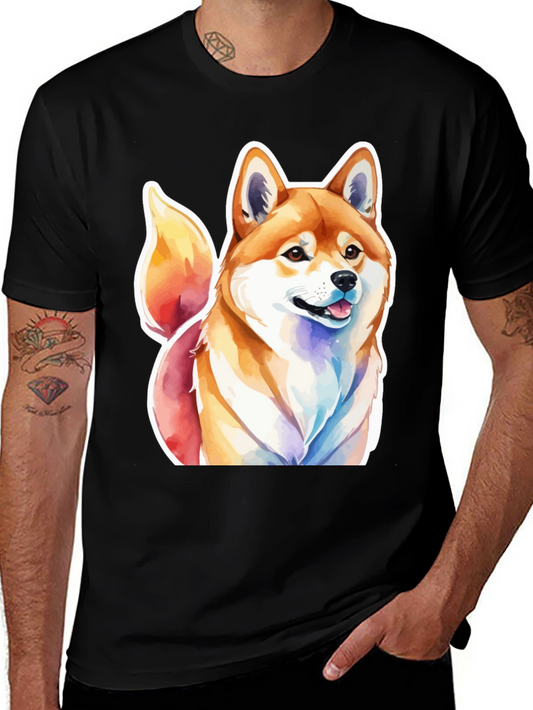 Camiseta Negra con Diseño Shiba Inu Acuarela