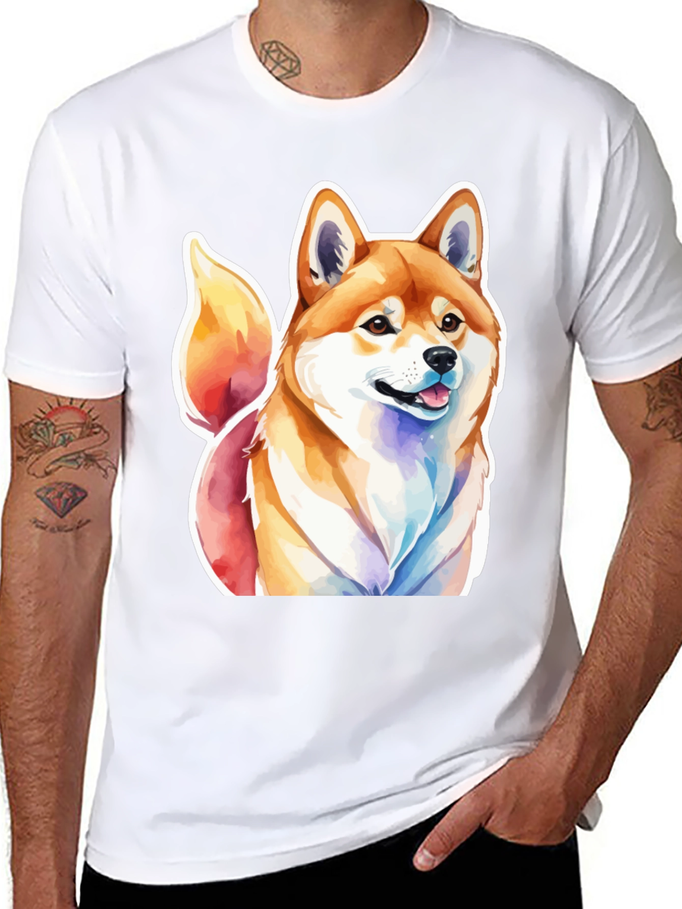 Camiseta Negra con Diseño Shiba Inu Acuarela