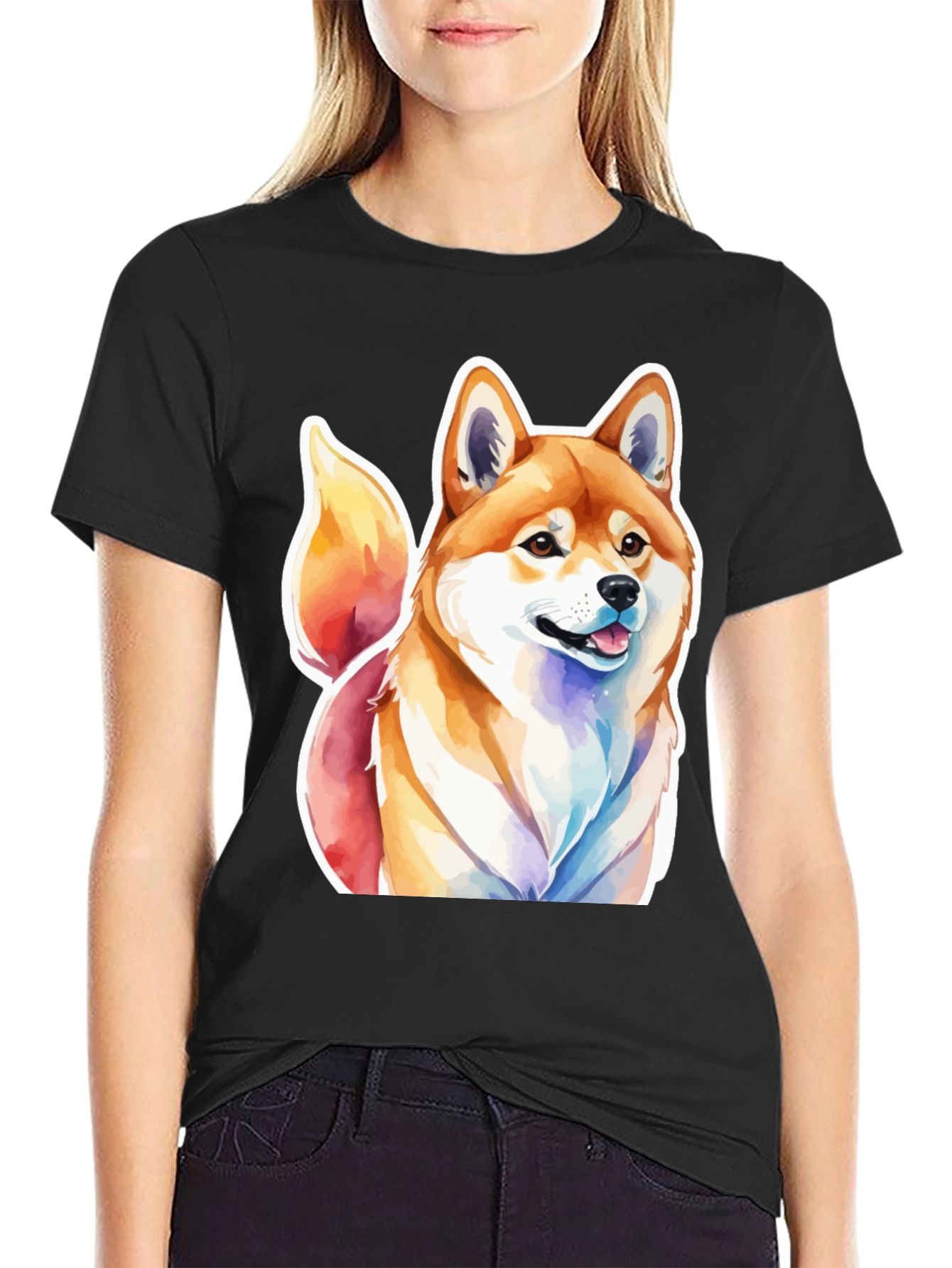 Camiseta Negra con Diseño Shiba Inu Acuarela