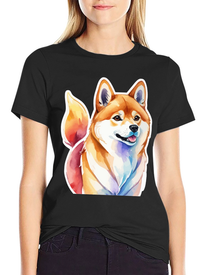 Camiseta Negra con Diseño Shiba Inu Acuarela